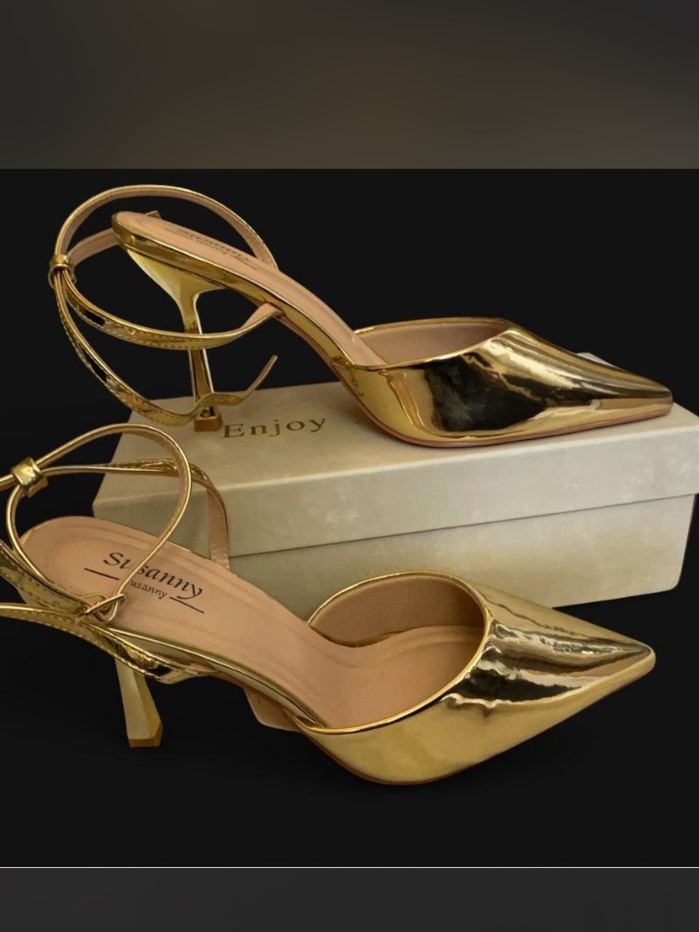 Gold Pointed-Toe Slingback Heels by